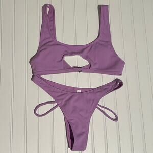 Women Purple Ribbed Bikini Set Cutout Scoop Neck Strappy 2 Piece XL NWT